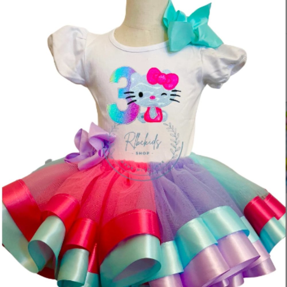 Girls Custom Embroidered Hello Kitty Birthday Shirt with matching Tutu